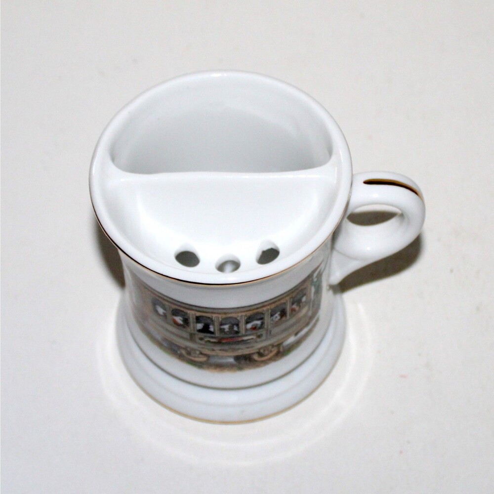 Vintage Mustache Shaving Mug White Ceramic divided Horse Trolley Carriage